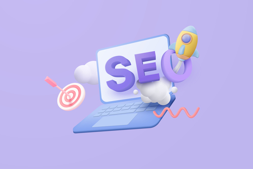 3D SEO optimization with rocket for marketing social media concept. Interface for web analytics strategy and research planing in laptop. 3d seo strategy vector icon render illustration