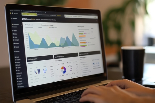 A person analyzes data on a laptop computer with graphs and charts displayed on the screen.