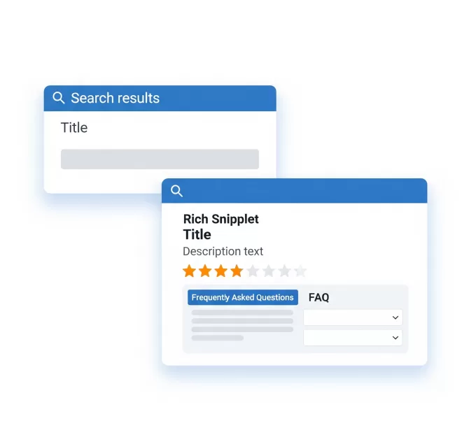 Comparativo visual entre um resultado de busca padrão do Google e um Rich Snippet enriquecido com estrelas de avaliação e uma seção de Perguntas Frequentes (FAQ).