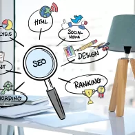 Arquitetura da informação SEO representada por ilustração com análise, conteúdo, palavras-chave, HTML, redes sociais, design e ranking.