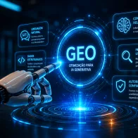 Comparação entre o SEO tradicional e o SEO para IA (GEO), mostrando a evolução da busca do Google para respostas geradas por inteligência artificial e a geração de leads mais qualificados.